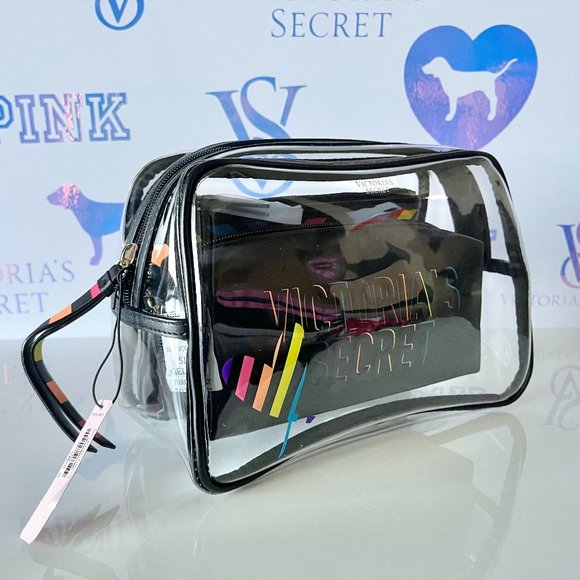 Victoria's Secret Rainbow Backstage 3 Piece Cosmetic/Makeup Cosmetic Bag Chevron - Picture 2 of 6